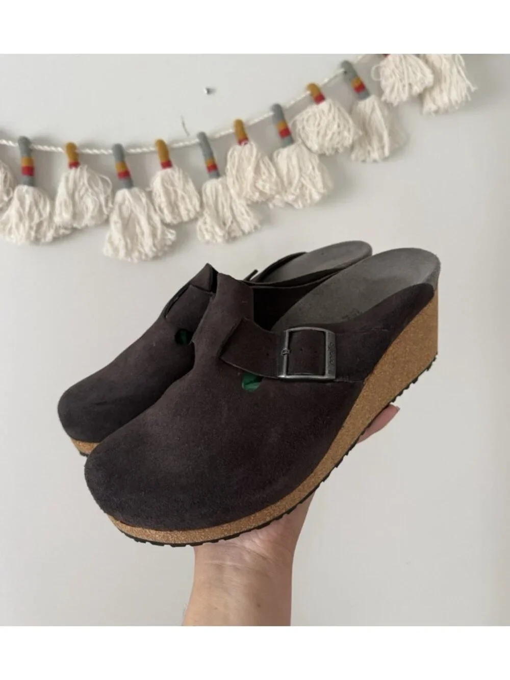 Birkenstock Papillio Fanny Suede Leather Wedge Charcoal Black Buckle Slip On 41